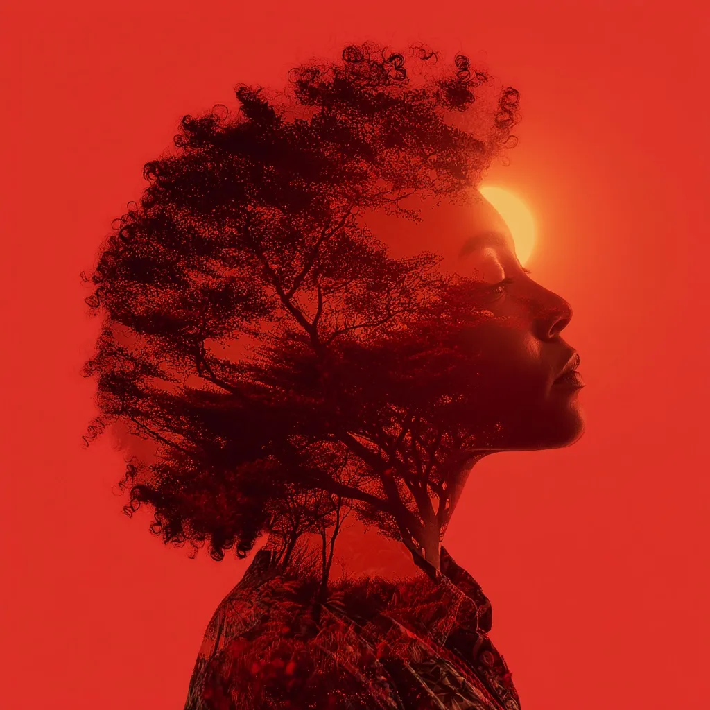 A double exposure portrait showcases a woman's profile superimposed with a silhouetted tree, creating a powerful image of nature and femininity.  The fiery red background enhances the dramatic effect, with a sun setting behind the woman's head. The woman's curly hair blends seamlessly with the tree's branches, symbolizing interconnectedness and inner strength. The overall aesthetic is bold and evocative.