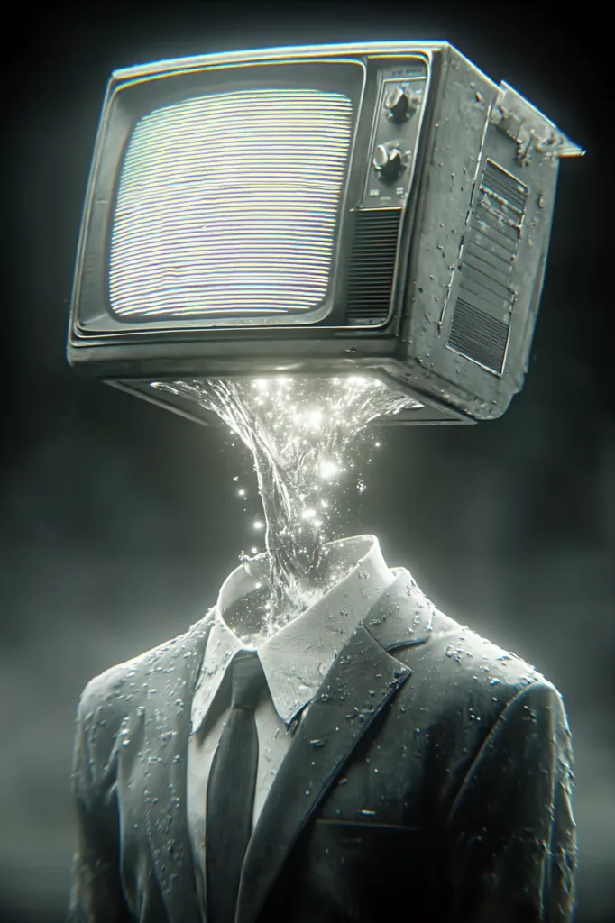 A surreal digital artwork depicts a man in a suit.  His head is replaced by a vintage television set, from which water, seemingly embodying the information contained within, flows down, forming his body. The image is monochromatic, with a dark background emphasizing the glowing screen and the liquid's ethereal quality. The overall mood is one of melancholic contemplation on media's influence and the nature of identity.