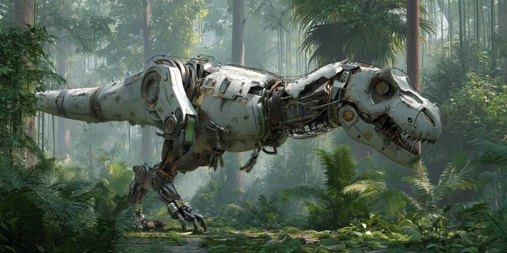 A massive, metallic Tyrannosaurus Rex, crafted from weathered grey metal and intricate mechanical components, stands amidst a lush, misty jungle.  Its exposed gears and hydraulics hint at a powerful, possibly ancient, technology.  The dense foliage creates a mystical atmosphere, contrasting the futuristic dinosaur with its primeval surroundings.  The scene evokes a sense of mystery and wonder.
