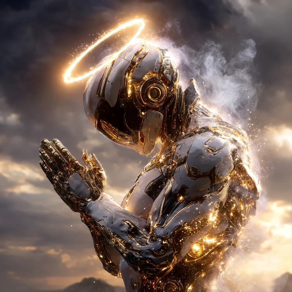 A digital artwork depicts a gleaming, metallic robot, its body a blend of white and gold, in a prayer-like pose.  A halo of golden light encircles its head, and particles of light shimmer around its form against a dramatic, cloudy sky. The robot's design is intricate, showcasing a futuristic and almost sacred aesthetic.  The scene evokes a sense of hope, spirituality, and technological advancement.