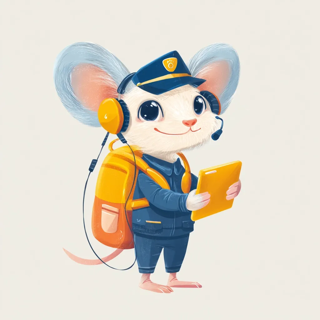 A charming illustration depicts a cute mouse dressed as a police officer.  The mouse wears a blue uniform, a police cap, and headphones, and carries a small yellow backpack. It holds a tablet, suggesting technological proficiency.  The style is whimsical and friendly, with large expressive eyes and soft fur texture. The overall tone is lighthearted and appealing.