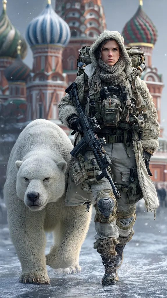 A female soldier, heavily armed and clad in winter camouflage, walks alongside a large polar bear.  The backdrop is the iconic Saint Basil's Cathedral in Moscow, creating a striking contrast between the harsh environment and the historical setting. The soldier's determined expression and the bear's steady gait suggest a sense of purpose and resilience.  The overall image is highly detailed and evocative.