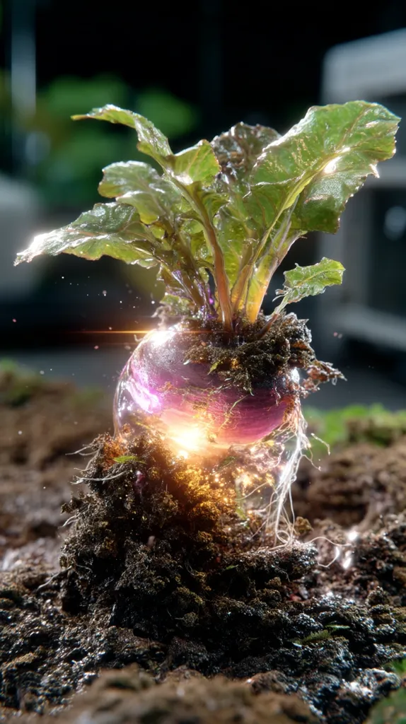 A vibrant purple turnip, seemingly glowing from within, bursts from the earth.  Its lush green leaves reach towards the sky, glistening with moisture.  The soil around the root is dark and rich, highlighted by a radiant light emanating from the turnip itself.  The scene is dramatically lit, emphasizing the plant's ethereal beauty.