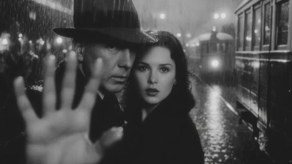 A black and white film still depicts a man and a woman in the rain.  The man, wearing a fedora, holds his hand out, partially obscuring the frame. The woman stands close, her expression serious.  They are standing on a rain-slicked city street at night, with blurred streetcars and lights in the background, creating a noir atmosphere.  The scene is intimate yet tense, suggesting a moment of suspense or hidden danger.