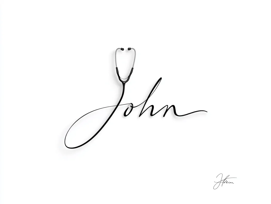 A minimalist design features a black stethoscope subtly incorporated into the cursive script spelling "John."  The stethoscope's shape forms part of the "J," creating a visual connection between the name and the medical profession.  A small, stylized signature is visible in the bottom right corner. The overall aesthetic is clean, modern, and elegant.
