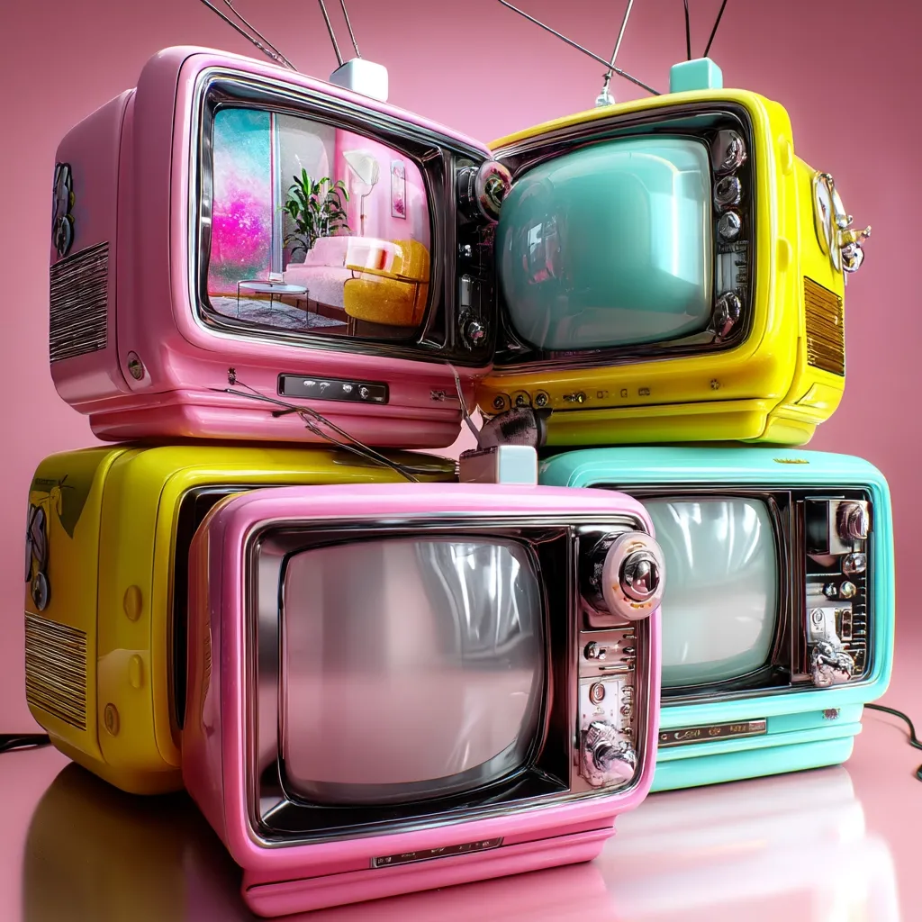 A stack of four vintage televisions in pastel colors—pink, yellow, and teal—are artfully arranged.  The top television shows a stylized interior scene. The retro design, with their chrome accents and antenna wires, evokes a playful, nostalgic feel against a pink background.  A small, indistinct object sits between two of the sets.