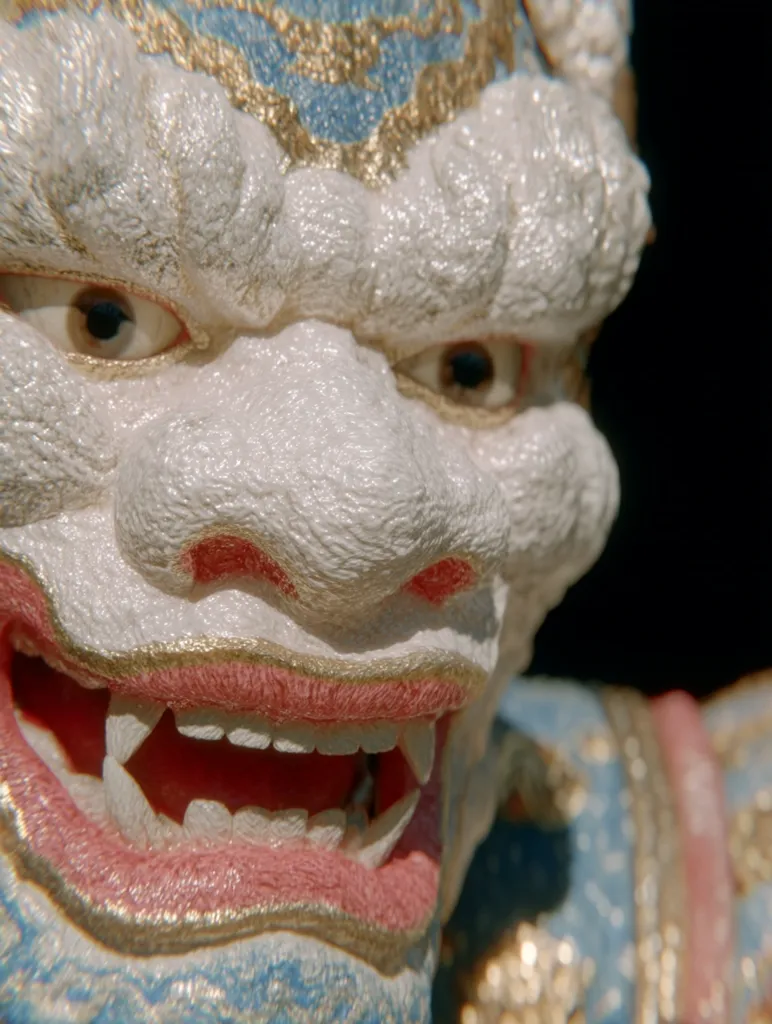 Close-up of a meticulously crafted statue's face, possibly a demon or mythical creature.  The face is predominantly white with textured surfaces, accented by gold and blue detailing.  Sharp fangs and expressive eyes contribute to a fierce yet detailed expression. The texture is remarkably lifelike, showcasing skilled artistry. The background is dark, drawing focus to the intricate details of the sculpture.