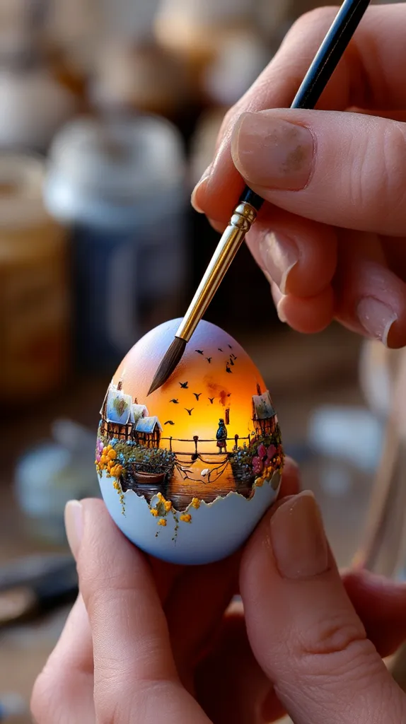 Close-up view of a person delicately painting a miniature scene onto a halved eggshell.  The scene depicts a quaint village at sunset, with small houses, a bridge, and birds in flight.  The artist uses a fine paintbrush, showcasing exceptional detail and skill in this intricate eggshell art. The overall effect is a charming and captivating miniature world.