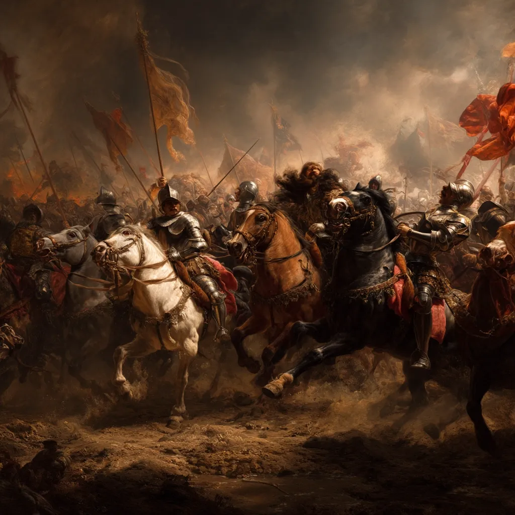 A dramatic depiction of a medieval battle, likely a cavalry charge.  Armored knights on horseback clash amidst swirling dust and smoke, their flags and weapons a blur of motion. The scene is chaotic and violent, conveying the intensity and brutality of the conflict.  Dark, earthy tones dominate the palette, highlighting the grim reality of war.