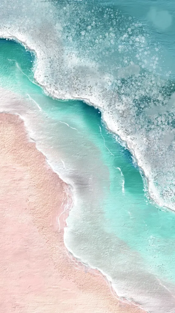 A serene aerial view captures the gentle meeting of turquoise ocean waves and a soft pink beach.  The water is a calming blend of aqua and teal, with foamy white crests gently lapping the shore. The sand displays subtle variations in its peachy hue. The overall impression is one of peaceful tranquility and summer's idyllic beauty.