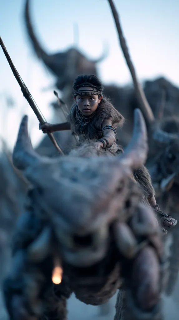 A young boy, dressed in primitive attire, sits atop a large, beast-like creature. He holds a spear, his gaze focused intently.  The background is blurred, showing what appears to be a prehistoric landscape with mammoth-like silhouettes. The scene evokes a sense of ancient adventure and survival. The lighting is muted, emphasizing the boy's determined expression.