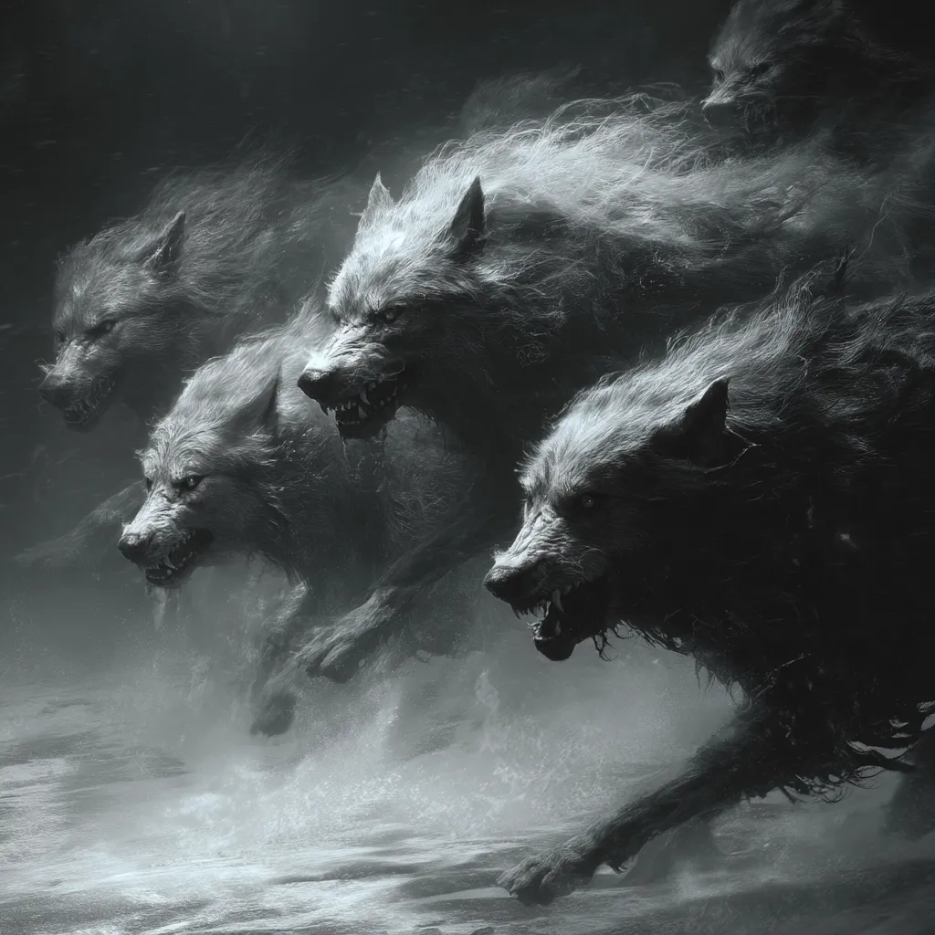 A pack of imposing, shadowy wolves charges through a misty, watery landscape. Their fur is thick and wild, their eyes glinting with fierce determination.  The monochrome palette enhances the ominous atmosphere, suggesting a supernatural or mythical quality. The wolves move with powerful strides, their forms blurred by motion and mist, creating a sense of unstoppable force.