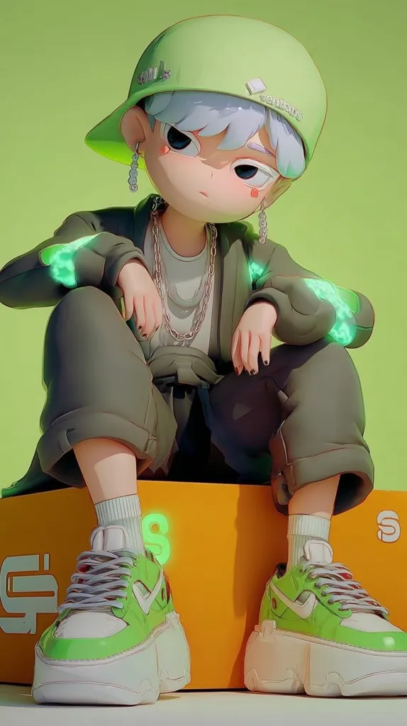 A stylized 3D illustration depicts a cartoon character, possibly a young man, with light blue hair, wearing a lime green baseball cap, matching chunky sneakers, and an olive green jacket.  The character sits on an orange box, exhibiting a casual pose.  Neon green accents are visible on the jacket's sleeves.  The overall aesthetic is trendy and vibrant, with a focus on bold colors and youthful fashion.