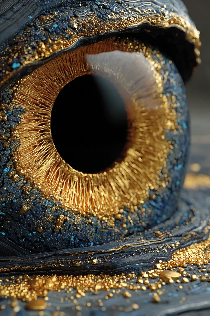 A close-up reveals a stylized eye, its iris crafted from gleaming gold, intricately detailed with fine lines radiating outwards.  The eye is set within a dark, textured surface, speckled with gold and deep blue, creating a striking contrast. The overall effect is one of opulence and otherworldly beauty, resembling a precious gemstone or cosmic entity.
