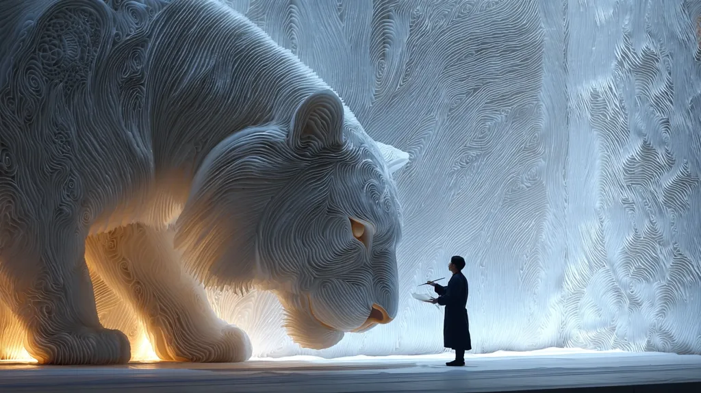 An artist stands before a massive, intricately layered sculpture of a tiger.  The tiger, rendered in white, dominates the scene, its form composed of countless swirling lines. The background wall mirrors the texture of the tiger, creating a unified, ethereal atmosphere.  The artist, small in scale compared to the sculpture, appears to be sketching or painting, capturing the details of this monumental artwork.  The scene is bathed in soft, ambient light.