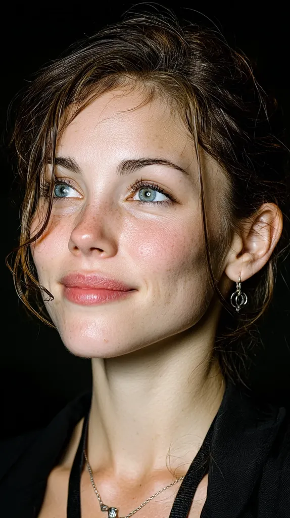 A young woman with light skin and freckles looks up and slightly to the side.  Her brown hair is tousled, and she has bright green eyes.  She's wearing a simple silver necklace and small earrings. Her expression is soft and slightly pensive, creating a serene and natural portrait. The dark background emphasizes her features.