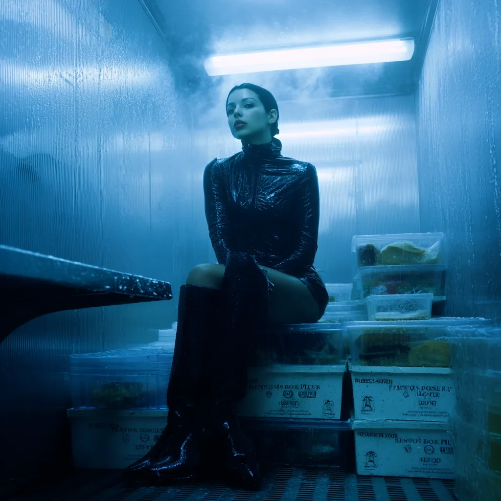 A woman in a black, shiny, long-sleeved bodysuit and thigh-high boots sits in a cold storage room.  The room is dimly lit with blue hues, and condensation coats the walls.  She sits atop numerous plastic storage containers, creating a stark, mysterious atmosphere. The overall mood is dark and dramatic.