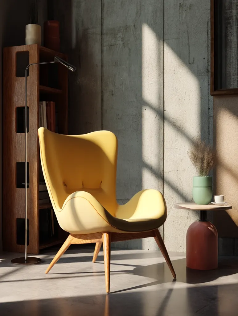 A sunlit corner features a pale yellow armchair with light wood legs.  The chair sits on a polished concrete floor near a wooden bookshelf and a small, round side table holding a vase and cup.  Sunlight streams through a window, casting shadows on the textured concrete wall. The overall scene is minimalist and calming.