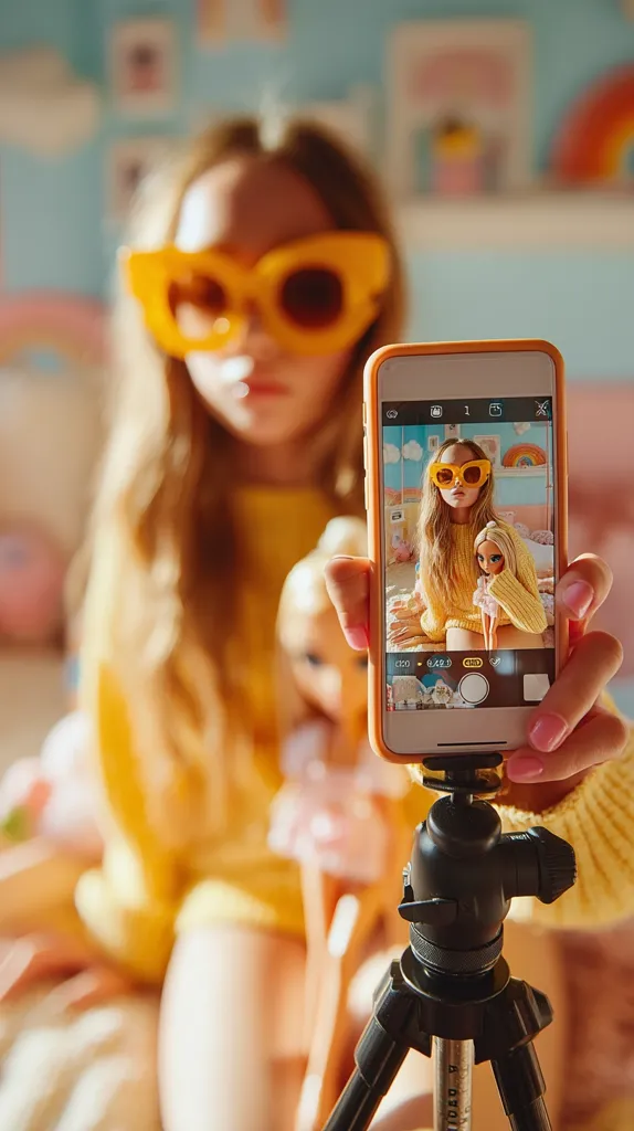 A girl wearing yellow sunglasses holds a smartphone on a tripod.  The phone's screen displays a photo of a girl with a doll, both also wearing yellow clothing and sunglasses, set against a colorful backdrop. The girl taking the photo is out of focus, emphasizing the content on the phone screen. The scene suggests a child influencer creating online content.