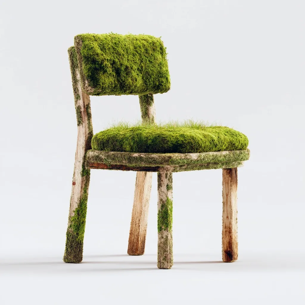 A rustic wooden chair is entirely covered in vibrant green moss.  The moss forms a thick cushion on the seat and back, contrasting with the weathered, light-brown wood. The chair's simple design and natural covering create a unique, organic aesthetic, suggesting a blend of nature and furniture. The image is set against a plain white background, emphasizing the chair's unusual texture and color.