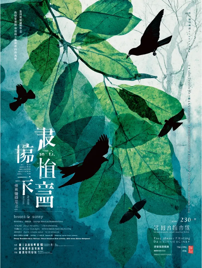 A movie poster, predominantly teal and green, features large leaves and silhouettes of birds in flight.  The title, partially obscured by the leaves, appears to be in Chinese characters.  English text includes "bronson & sunny" and "Foey plans F fleeting," suggesting a film title and possibly director/production information.  The overall aesthetic is artistic and evocative of nature.