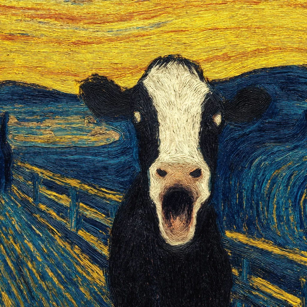 A Holstein cow's face is superimposed onto Edvard Munch's "The Scream."  The cow's mouth is wide open, mirroring the anguished expression of the original painting. The characteristic swirling brushstrokes of Munch's style are retained, creating a humorous and surreal juxtaposition of a farm animal and a famous expressionist artwork. The background retains the fiery sunset and dark blue landscape of the original.