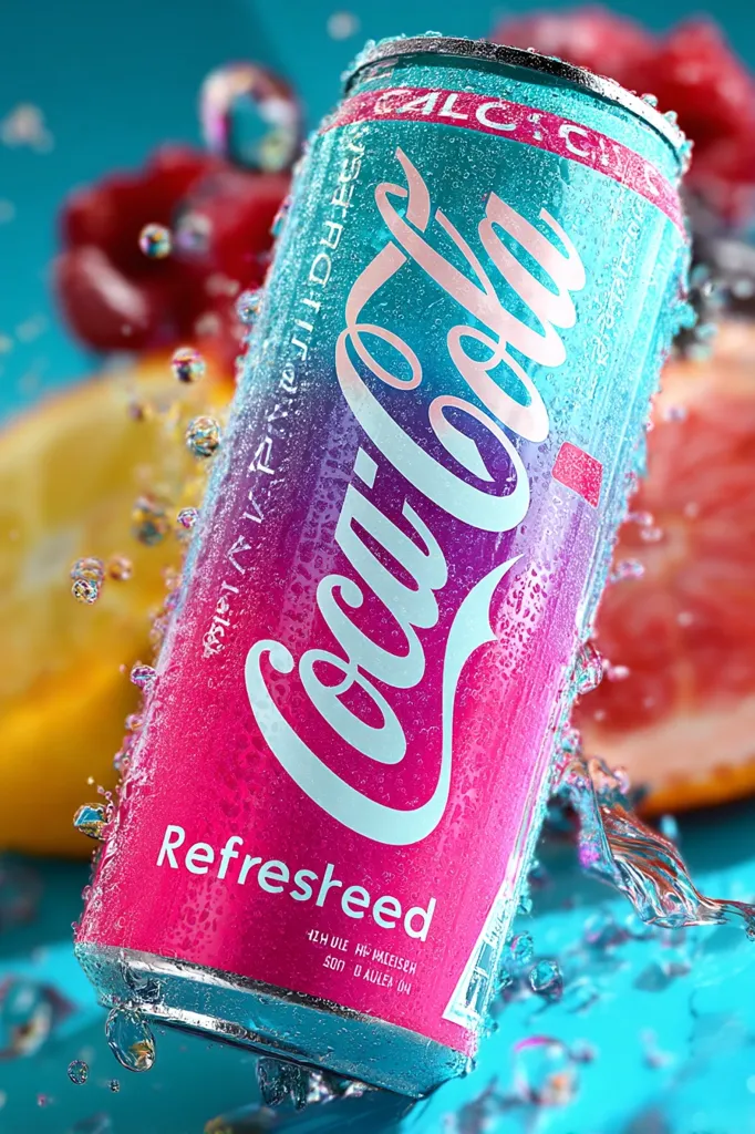 A Coca-Cola can, adorned with a vibrant pink and teal gradient, is dramatically splashed with water.  The word "Refreshed" is prominently displayed below the logo.  Surrounding the can are blurred images of colorful fruits, suggesting a refreshing, fruity beverage. The can is wet, with water droplets clinging to its surface.  The overall image is bright, dynamic, and emphasizes the drink's coolness.