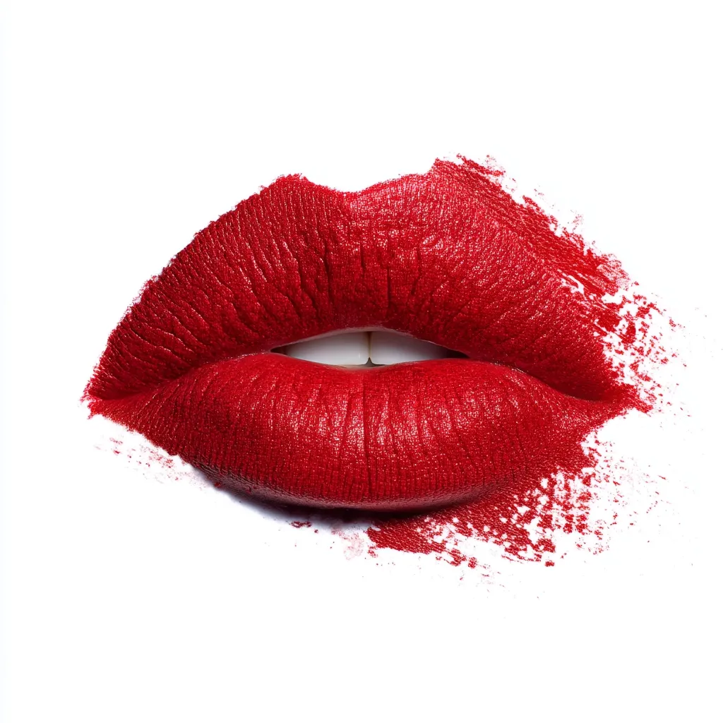 A close-up shot showcases a pair of luscious lips painted with vibrant red lipstick.  The lipstick is applied with a slightly smudged, textured effect, giving a sense of movement and sensuality. The image is set against a stark white background, making the bold red color pop.  The focus is sharp, highlighting the texture and richness of the lipstick.