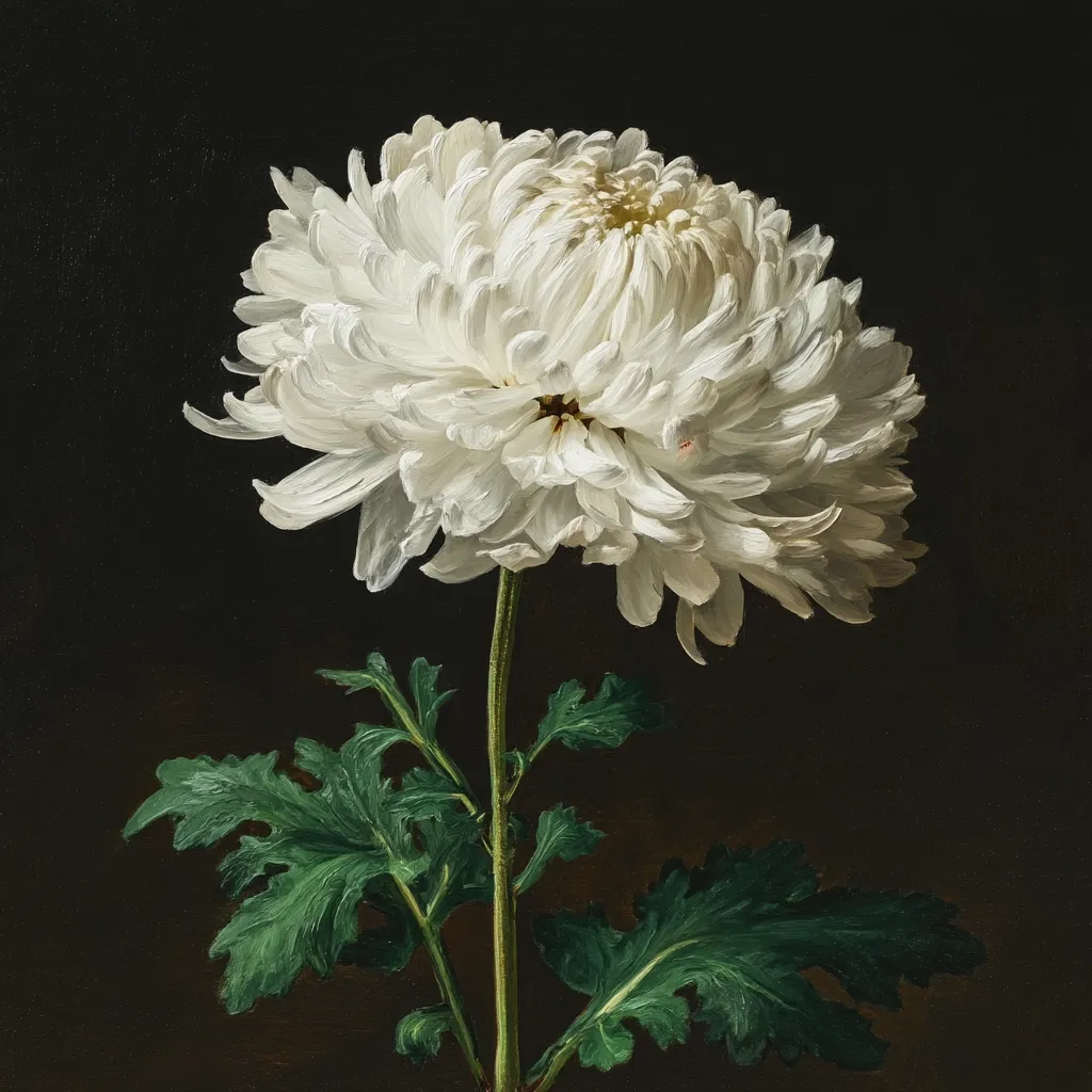 A close-up depiction of a single, large white chrysanthemum against a dark background.  The flower is exquisitely detailed, showcasing its numerous delicate petals.  Lush green foliage extends from the stem, providing a vibrant contrast to the flower’s purity. The painting style is realistic, emphasizing texture and light.