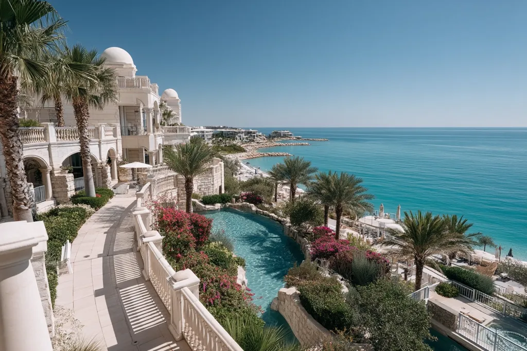 A luxurious beachfront resort boasts stunning architecture, with white buildings and domes overlooking a turquoise sea.  Palm trees and vibrant flowers line a winding pathway leading to a tranquil, meandering pool.  The clear water and sunny sky create a picturesque scene of ultimate relaxation and escape. The resort's design seamlessly blends with the natural beauty of its coastal setting.