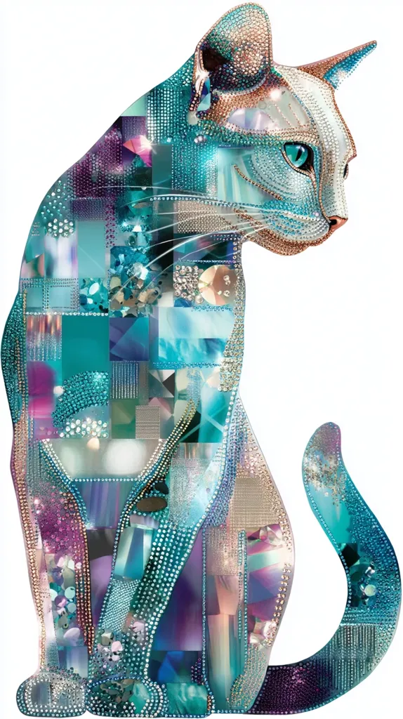 A stunning artwork depicts a cat sitting in profile, crafted from a mosaic of iridescent teal, purple, and gold gemstones. The cat's form is composed of numerous small, square and triangular shapes, creating a dazzling, multifaceted effect. Its vibrant hues and sparkling texture evoke a sense of luxury and artistry.  The image is detailed and rich in color, capturing the cat's elegant posture and alluring gaze.