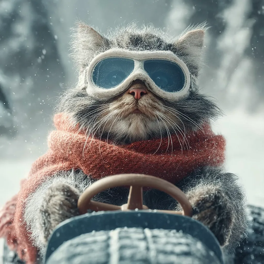 A fluffy gray cat, bundled in a red scarf and wearing goggles, sits behind the wheel of a small vehicle.  Snow falls softly around it. The cat's expression is serious and focused, as if driving through a snowy landscape. The image is whimsical and evokes a feeling of winter adventure.