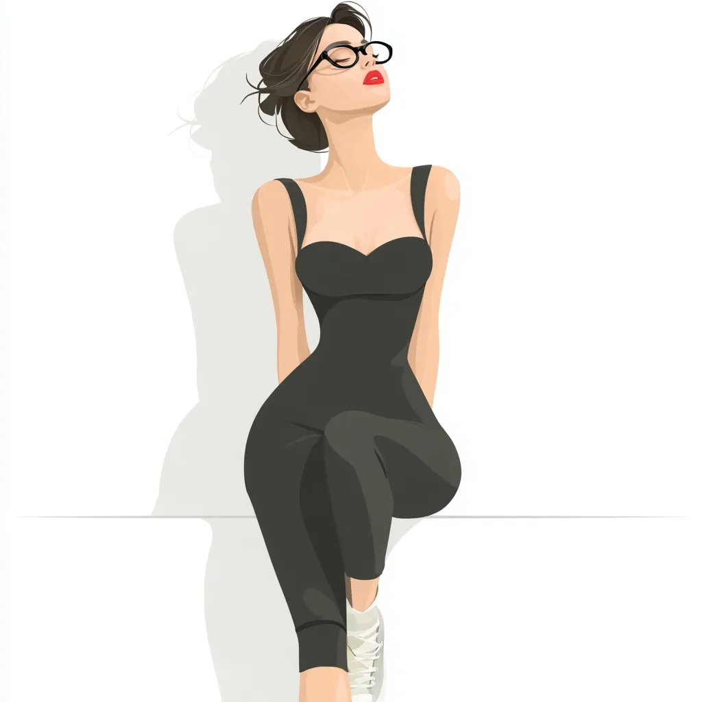 A stylish woman with dark hair and glasses sits against a white wall, her eyes closed in a serene pose. She wears a form-fitting black jumpsuit and white sneakers, her legs bent at the knees. The illustration features a minimalist style, with clean lines and a focus on the model's posture and attire.  Her red lipstick adds a pop of color against the monochrome outfit. The overall impression is one of sophisticated elegance and quiet contemplation.