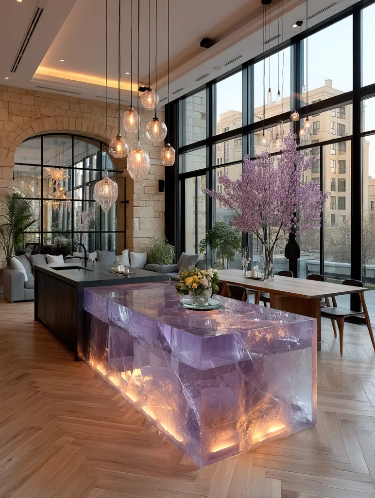A stunning modern kitchen features a large, illuminated purple resin island as its centerpiece.  The island is backlit, creating a warm glow.  The kitchen boasts high ceilings, large windows offering city views, and a stone wall.  Multiple pendant lights hang above, complementing the sleek, contemporary design.  A wooden dining table and chairs are situated near the island, creating a cohesive and luxurious living space.