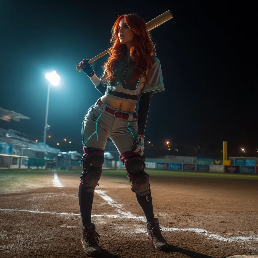 A striking redhead woman, clad in a futuristic gray baseball uniform, stands on a dimly lit field at night.  She holds a bat across her shoulder, her pose both confident and alluring.  Neon-blue accents on her uniform add a cyberpunk flair.  The backdrop features stadium lights and a blurred out baseball field, creating a dramatic atmosphere.