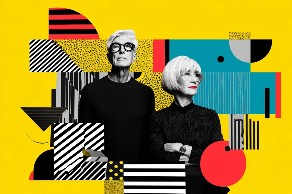 A striking image features a stylish older couple, him in a black turtleneck and her in a black top, set against a vibrant yellow background.  Bold geometric shapes in black, white, red, and teal surround them, creating a modern, graphic collage effect.  The couple's serious expressions and the graphic elements create a powerful and contemporary visual statement.