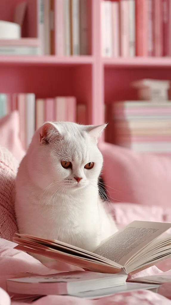 A fluffy white cat sits on a pink bed, seemingly engrossed in a book.  The cat is positioned in the center of the image, its gaze directed downwards at the open pages.  The background features a pink bookshelf filled with numerous books, creating a soft and aesthetically pleasing scene. The overall ambiance is calm and serene.