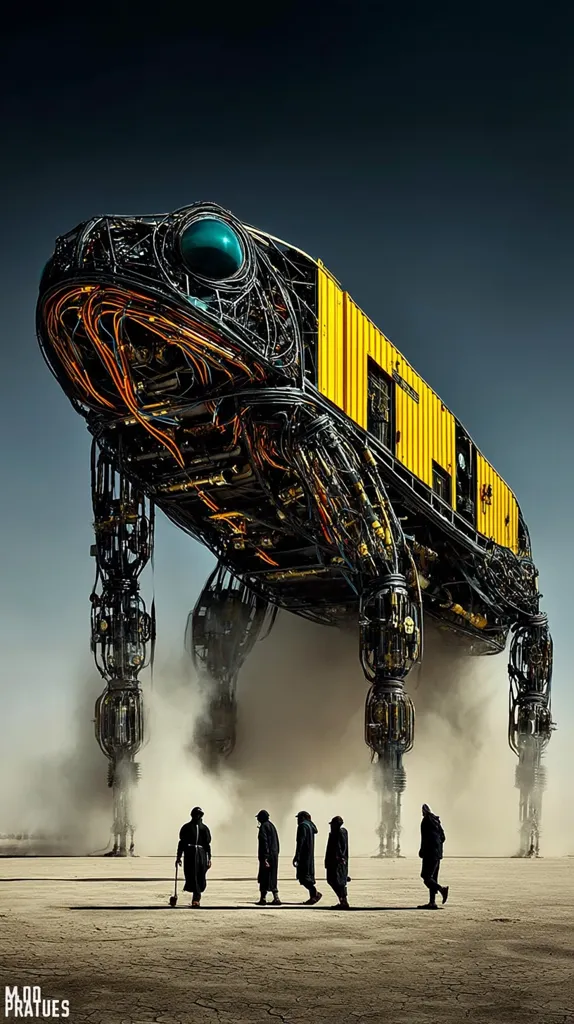 A colossal, insectoid machine, primarily black with yellow accents, stands on spindly legs in a dusty landscape.  Its intricate mechanical design is evident, with exposed wires and pipes.  Four figures in dark clothing walk in a line in the foreground, dwarfed by the towering structure, creating a dramatic contrast of scale and setting. The overall aesthetic is post-apocalyptic or futuristic.