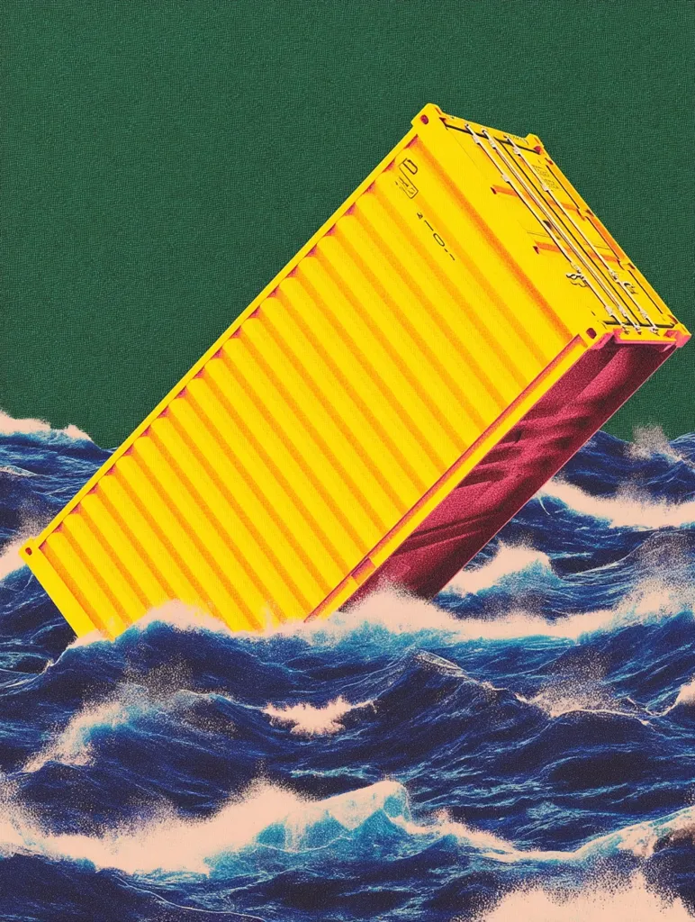 A vibrant, stylized illustration depicts a bright yellow shipping container partially submerged in a turbulent sea.  The container is tilted dramatically, suggesting a storm or accident at sea. The ocean is rendered in deep blues and purples, with whitecaps emphasizing the choppy waves. The overall effect is a striking visual metaphor, possibly representing the challenges of global trade or the vulnerability of cargo transport.