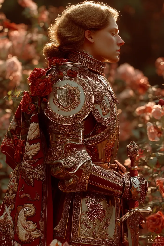 A regal female figure, adorned in intricately detailed, red and gold armor, stands amidst a garden of blooming roses.  Her auburn hair is styled elegantly, and a red and gold tapestry drapes behind her.  The armor is richly embellished with gold leaf and features a coat of arms. She holds a sword, her pose serene and composed, creating a captivating image of strength and beauty.