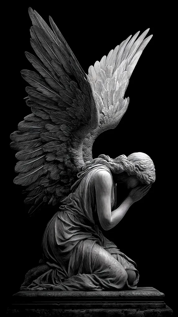 A grayscale illustration depicts a kneeling angel statue with large wings.  The angel's head is bowed, hands covering its face in a sorrowful pose. The wings are detailed, with one side appearing darker than the other, suggesting a contrast or duality. The statue rests on a simple, dark base, set against a stark black background. The style is reminiscent of a pencil sketch or etching, emphasizing texture and shadow.