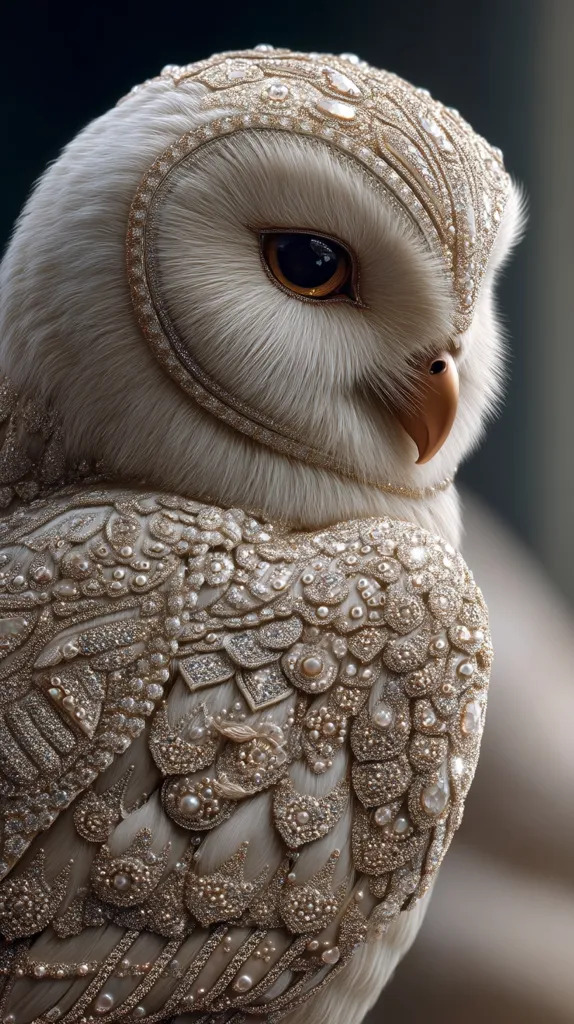 A stunning digital artwork depicts a barn owl adorned with intricate, glittering embellishments.  Pearls and sparkling stones are meticulously arranged on its feathers, creating a luxurious, almost regal appearance. The owl's soft, white plumage contrasts beautifully with the ornate detailing, giving it an ethereal and majestic quality. The image is sharply focused, highlighting the texture of both the feathers and the precious adornments.