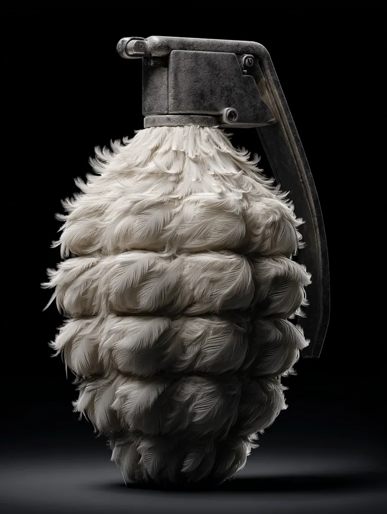 A 3D rendering depicts a hand grenade uniquely covered in white feathers. The metallic pin and lever of the grenade are visible, contrasting with the soft texture of the feathers. The juxtaposition of the weapon's destructive potential and the delicate feathers creates a powerful visual paradox, suggesting themes of peace, fragility, or the deceptive nature of appearances.  The dark background emphasizes the object.