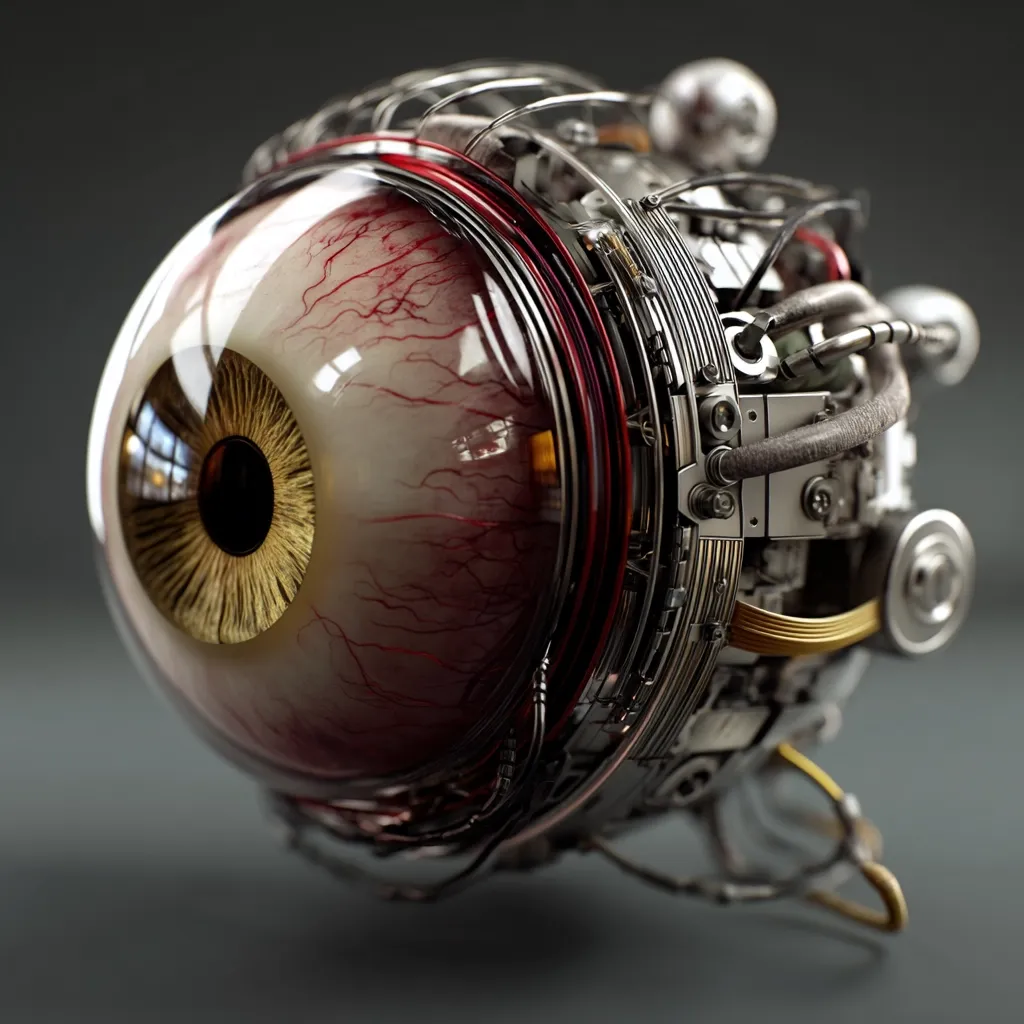 A detailed close-up reveals a meticulously crafted robotic eyeball.  The realistic eye, complete with visible blood vessels, is encased in a complex metallic framework of gears, tubes, and wires. The intricate design suggests advanced technology and a blend of organic and mechanical elements, creating a striking visual effect.  The metallic casing is predominantly silver and gold, contrasting sharply with the realistic textures of the eye.