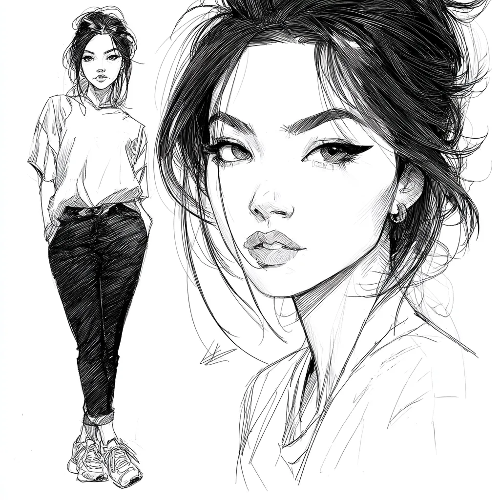 A monochrome illustration showcases a young woman in two perspectives.  On the left, a full-body sketch depicts her in a casual outfit: a loose t-shirt and dark pants, sneakers on her feet.  To the right, a detailed close-up focuses on her face, emphasizing her features and messy bun hairstyle.  Both portrayals use delicate shading and linework, creating a stylish and expressive image.
