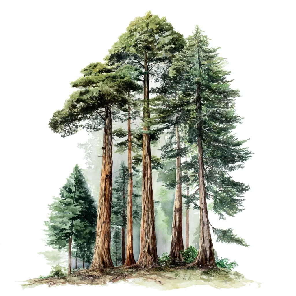 A watercolor painting depicts a grove of majestic redwood trees.  Four towering redwoods dominate the foreground, their reddish-brown bark contrasting with their lush green canopies.  Smaller conifers surround them, creating a dense forest scene. The background hints at a misty depth, enhancing the overall sense of scale and tranquility. The artwork showcases the impressive height and grandeur of these iconic trees.