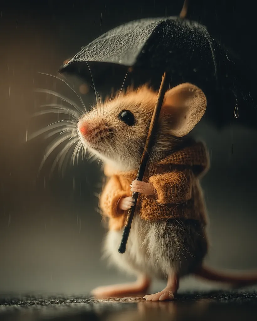 A tiny mouse, dressed in a miniature orange sweater, bravely holds a small umbrella against a backdrop of falling rain.  Its delicate paws grip the umbrella handle, its whiskers twitching in the downpour.  The image evokes a sense of charm and resilience, showcasing the adorable mouse in a heartwarming scene.
