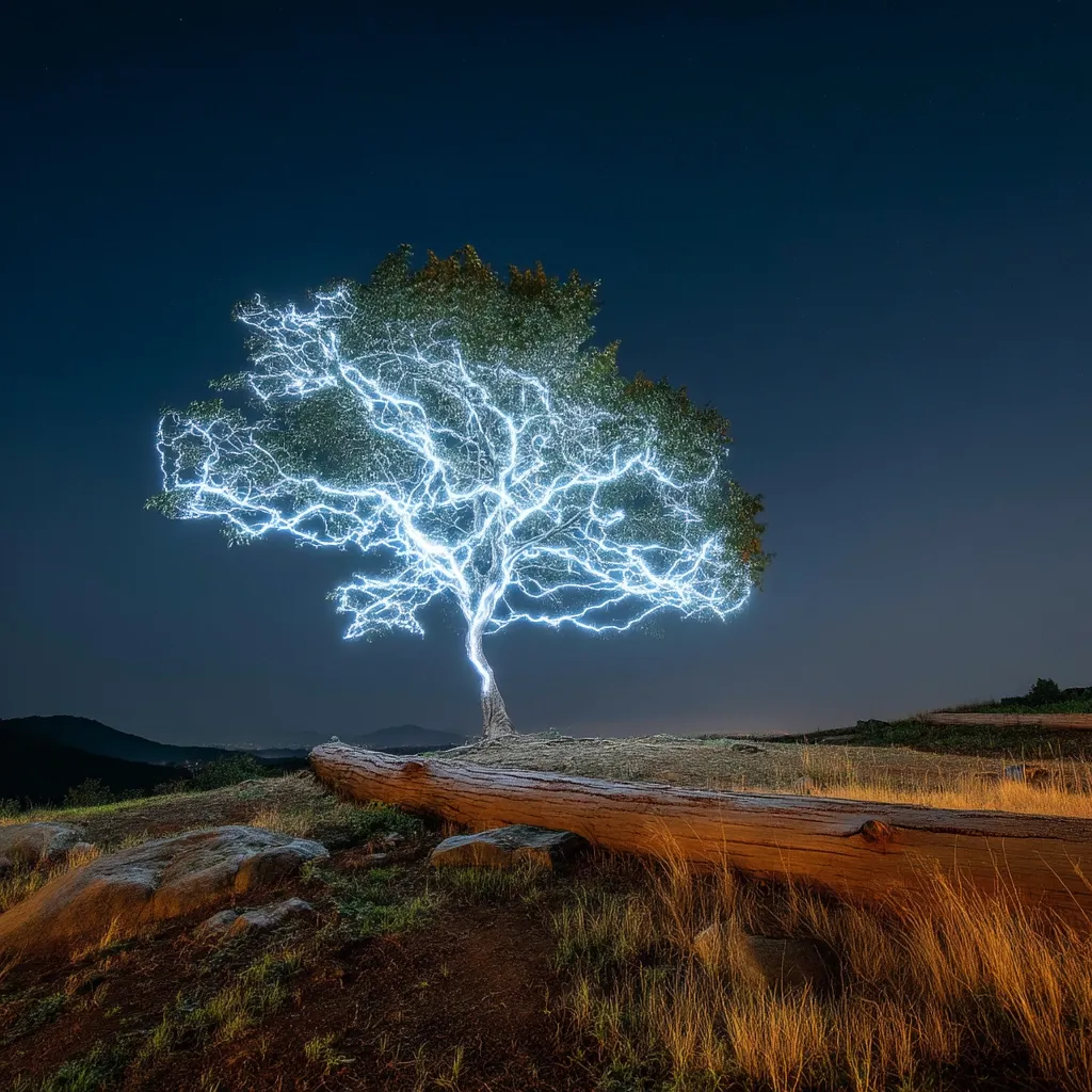 A lone tree stands silhouetted against a twilight sky, its branches illuminated with vibrant, electric blue light, mimicking the branching patterns of lightning.  The tree is situated on a gently sloping hill, with a large log lying in the foreground.  The scene is peaceful yet dramatic, a surreal blend of nature and light art.  Rocks and sparse grass complete the landscape under the dark, star-studded night.