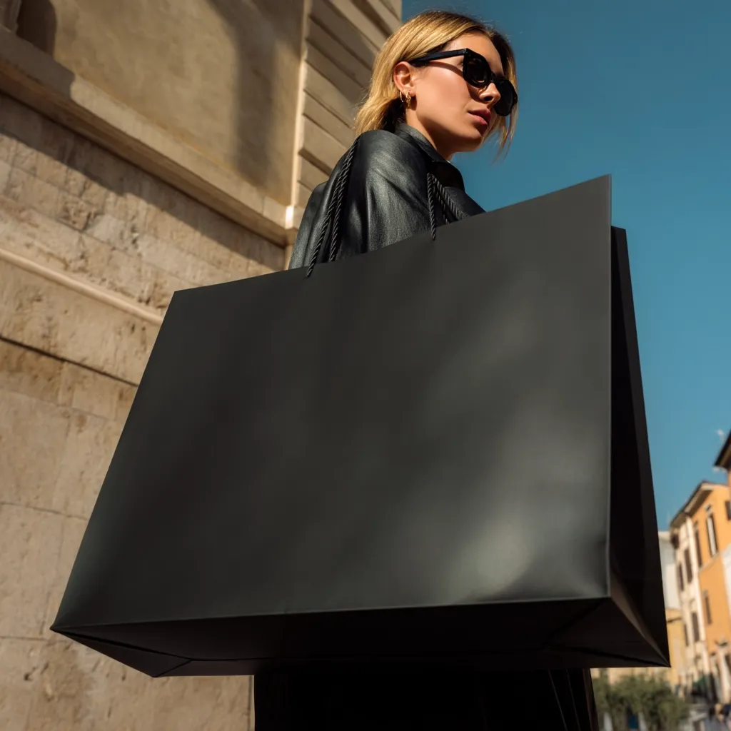 A stylish woman with blonde hair and sunglasses carries a large, black shopping bag against a backdrop of a sunlit stone building.  The bag dominates the frame, suggesting a significant purchase. The scene evokes a sense of luxury and fashionable shopping in a European city.  The woman's black leather jacket adds to the sophisticated aesthetic.