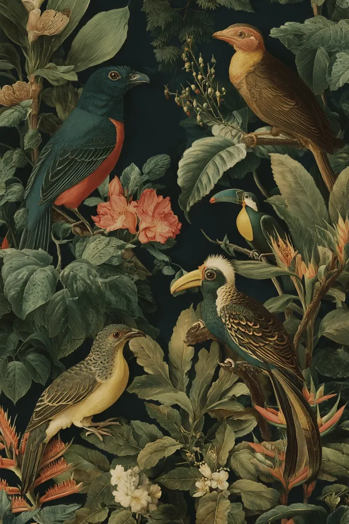 A lush, dark-green tropical scene teeming with vibrant birdlife.  Five distinct species are depicted amidst flowering plants and broad leaves.  A blue and orange bird, a brown bird, a yellow and grey bird, a toucan, and a large, intricately patterned bird dominate the composition, creating a rich and detailed botanical illustration.  The dark background emphasizes the vivid colors of the birds and flowers.